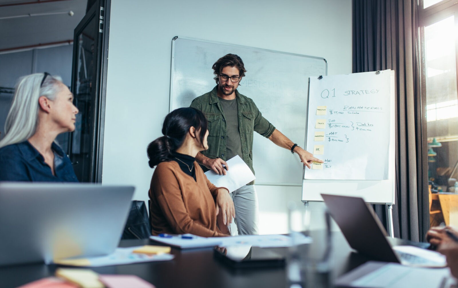 Man presents Q1 business strategy on flipchart